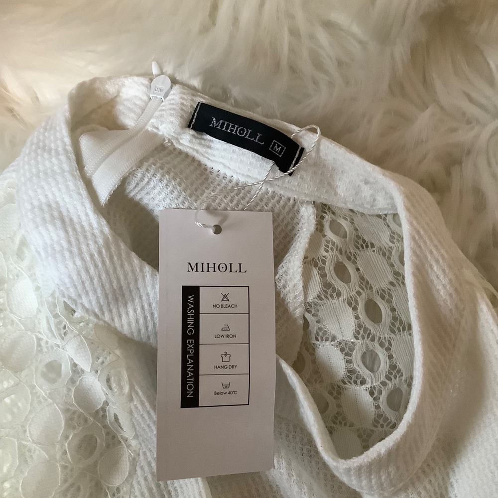 MIHOLL White Mock Neck‎ Waffle Knit Dainty Boho Lace Sleeve Blouse Top Women's M - Picture 5 of 11